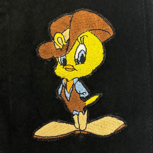 Vintage 1996 Warner Bros Sz S Looney Tunes TWEETY Bird Vest Black Leather Suede - Picture 2 of 7